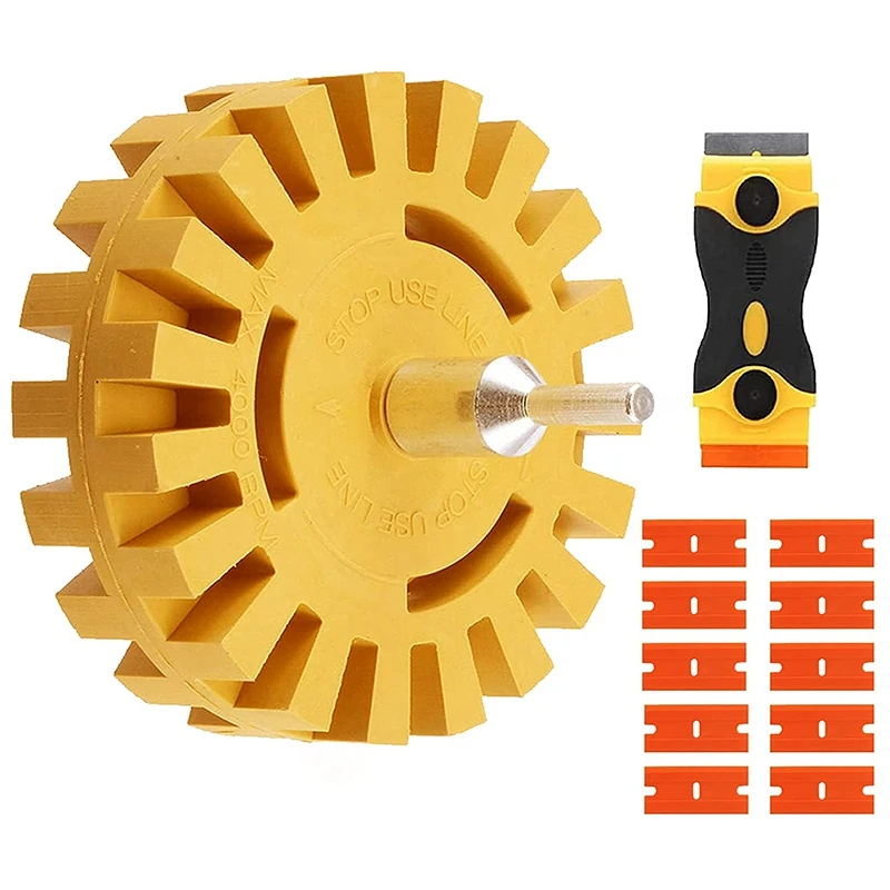 Eraser Wheel Decal Remover Set 4 Inch Adhesive Sticker and Vinyl Remover with Plastic Razor Blades and Drill Adapter
Eraser Wheel Decal Remover Set 4 Inch Adhesive Sticker and Vinyl Remover with Plastic Razor Blades and Drill Adapter