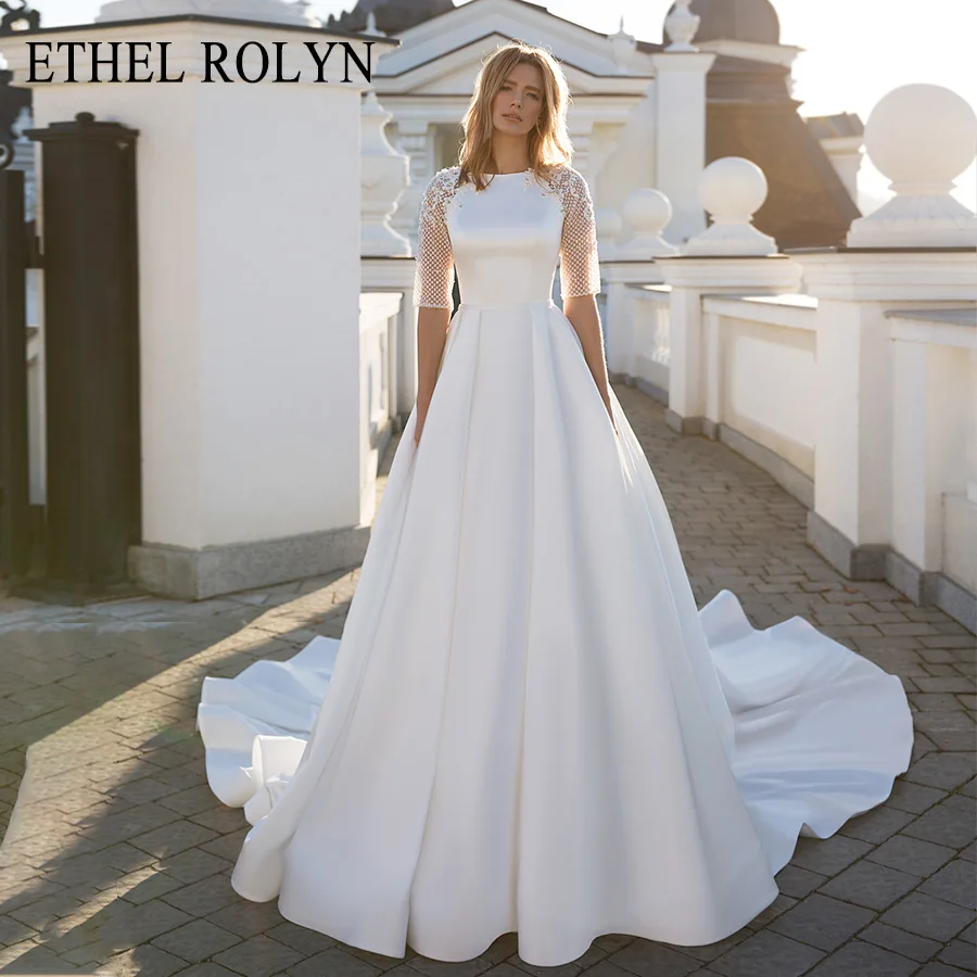 

Женское атласное свадебное платье ETHEL ROLYN, ТРАПЕЦИЕВИДНОЕ кружевное платье невесты с полурукавами и открытой спиной, расшитое бисером, 2022