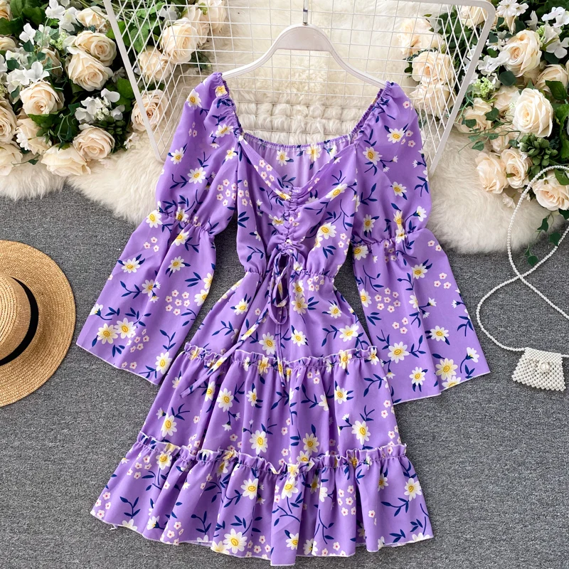 Summer Women's Dress Drawstring Ruched V Neck Flare Sleeve Floral Print High Waist A Line Boho Style Mini Beach Party Dresses
Summer Women's Dress Drawstring Ruched V Neck Flare Sleeve Floral Print High Waist A Line Boho Style Mini Beach Party Dresses