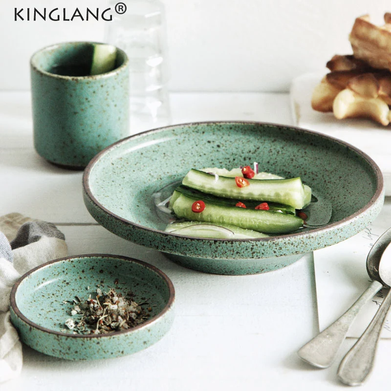 Японские керамические тарелки ручной работы KINGLANG в стиле ретро круглые для