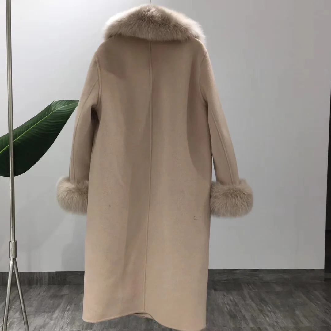 

OFTBUYChaqueta de piel 2021 para mujer abrigo largo de mezcla de lana de Cachemira con cuello de piel de zorro