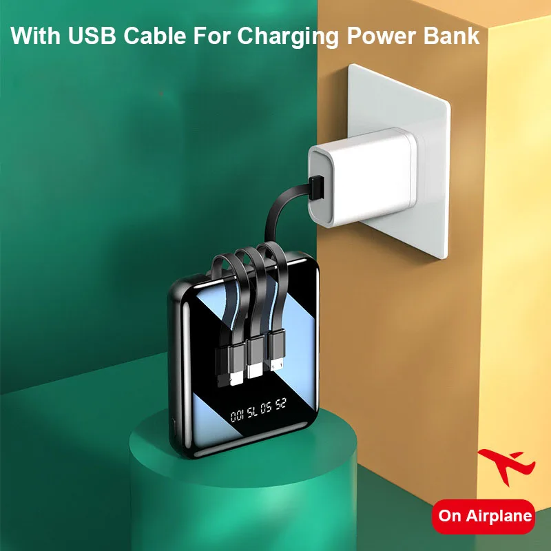 Портативное мини зарядное устройство 20000 мАч с кабелем Micro USB Type c для iPhone Samsung Huawei