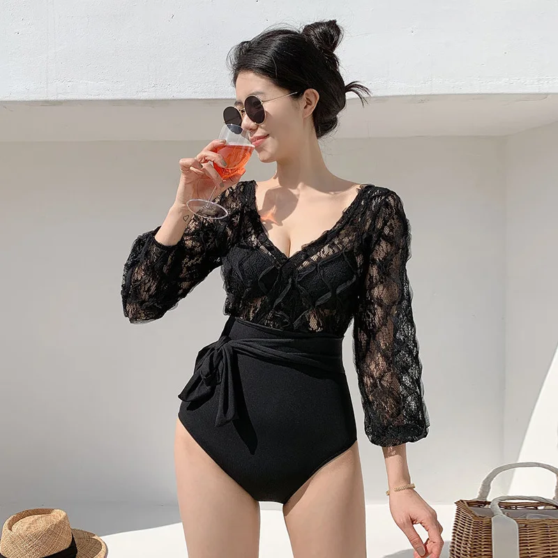 

Lace Hollow One Piece Swimsuit Long Sleeve Bathing Suit Wired Swimwear Women 2022 Belt Sexy Korean Monokini Bodysuit Beachwear