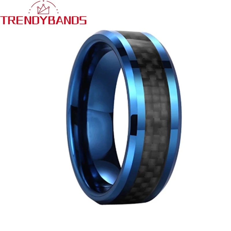 8mm Blue Tungsten Carbide Wedding Rings Engagement Band For Men Women Black Carbon-Fiber Inlay Beveled Edges Comfort Fit
8mm Blue Tungsten Carbide Wedding Rings Engagement Band For Men Women Black Carbon-Fiber Inlay Beveled Edges Comfort Fit