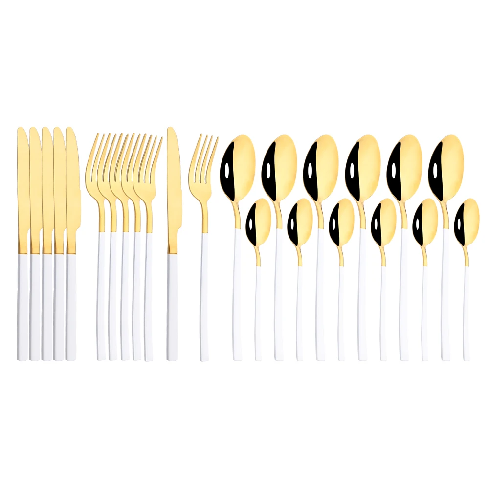 White Gold Shiny 24Pcs Dinnerware Cutlery Set Knife Fork Coffee Spoon Flatware Set Stainless Steel Tableware Western Kitchen Set
White Gold Shiny 24Pcs Dinnerware Cutlery Set Knife Fork Coffee Spoon Flatware Set Stainless Steel Tableware Western Kitchen Set