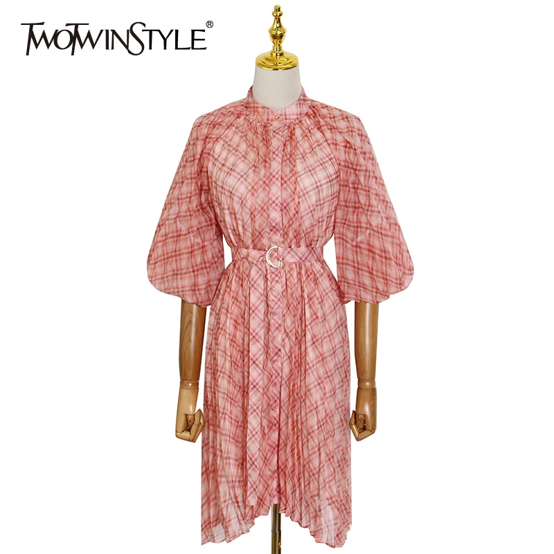 TWOTWINSTYLE Print Dress For Women Stand Collar Puff Short Sleeve High Waist Hit Color Sashes Mini Dresses Female 2021 Clothing
TWOTWINSTYLE Print Dress For Women Stand Collar Puff Short Sleeve High Waist Hit Color Sashes Mini Dresses Female 2021 Clothing