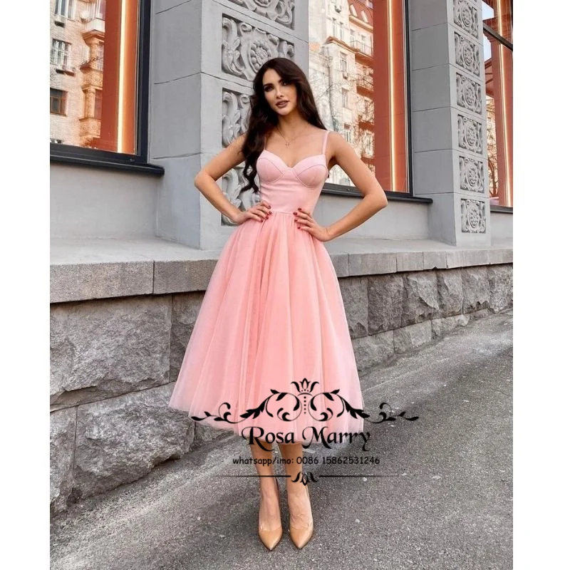 Pink Tea Length Cheap Prom Dresses 2021 A Line Plus Size Short Simple Tulle Vestido De Fiesta Largos for Women 
Pink Tea Length Cheap Prom Dresses 2021 A Line Plus Size Short Simple Tulle Vestido De Fiesta Largos for Women