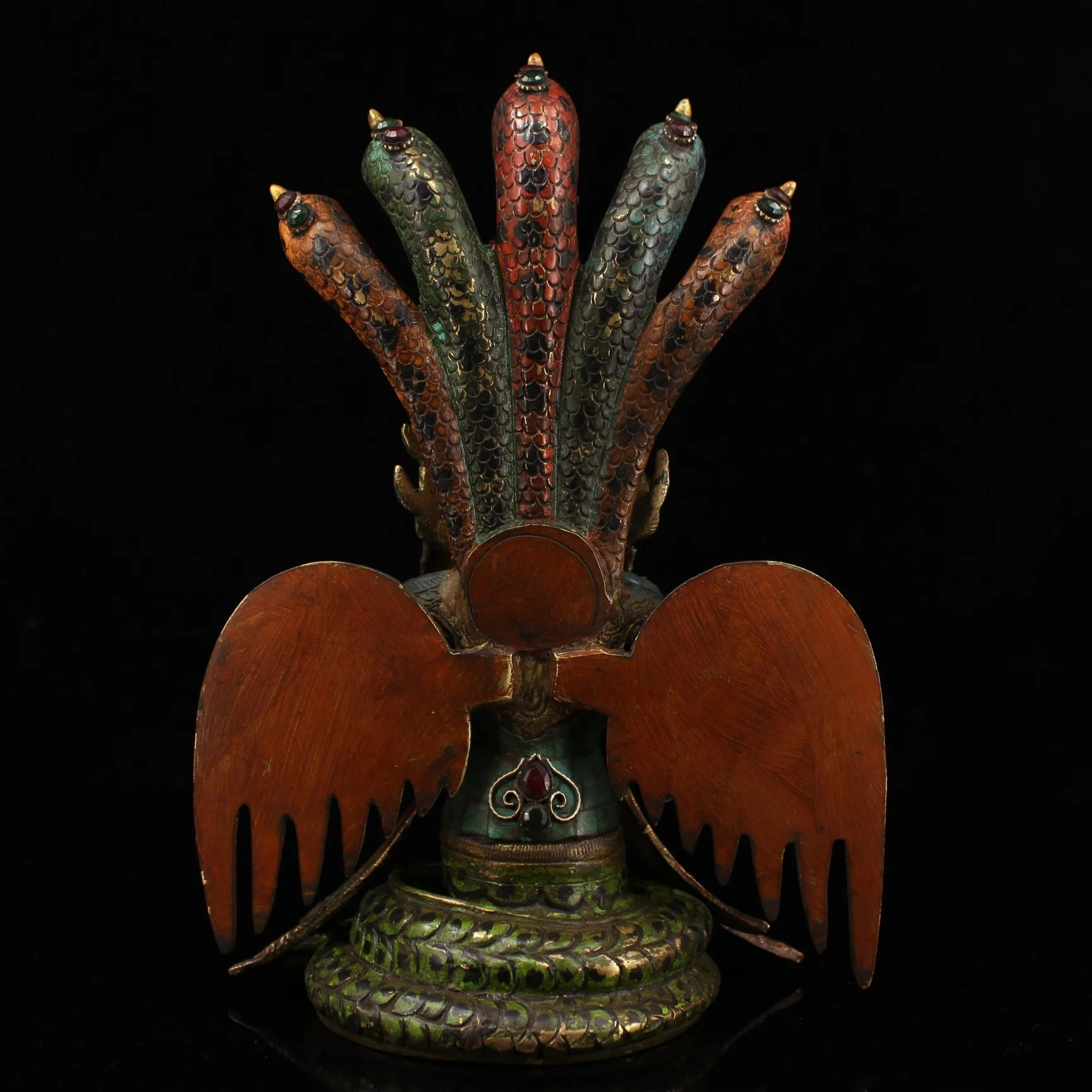 10" Tibet Buddhism bronze Inlay gem painted gold 5-Heads Snake Naga Kanya Statue Ngrjuna bodhisattva Dragon Tree Bodhisattva 
10" Tibet Buddhism bronze Inlay gem painted gold 5-Heads Snake Naga Kanya Statue Ngrjuna bodhisattva Dragon Tree Bodhisattva