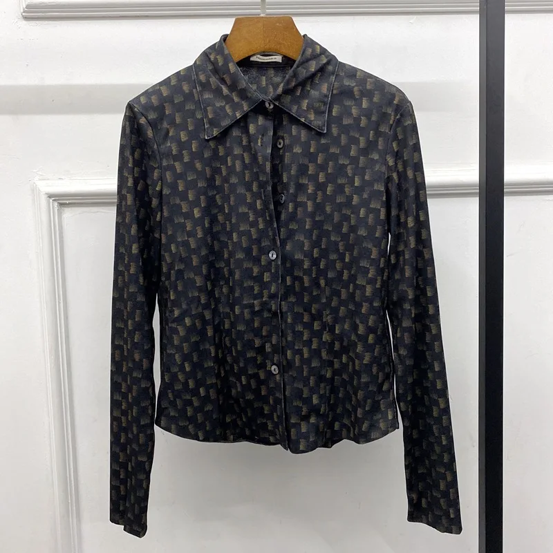 

Женская рубашка с отложным воротником, однобортная Свободная блузка в клетку с длинным рукавом, в стиле ретро, для ранней осени, 2021