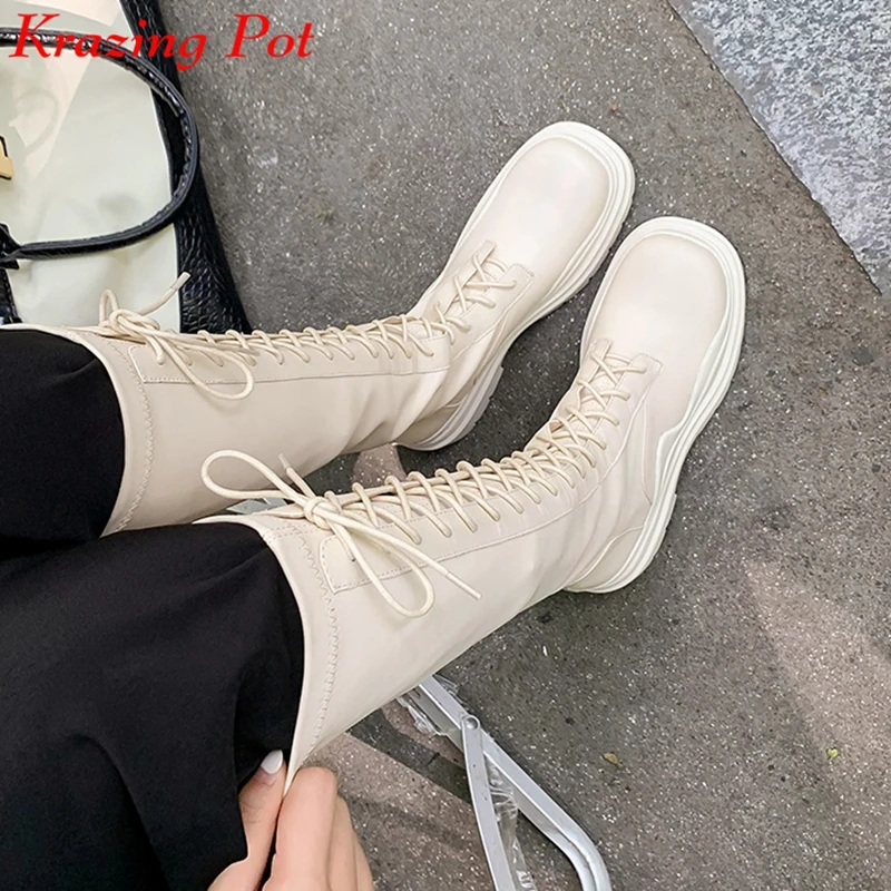 Krazing Pot cow leather riding boots round toe med heels vintage rock girls thick bottom cross-tied lace up chic knee-high boots
Krazing Pot cow leather riding boots round toe med heels vintage rock girls thick bottom cross-tied lace up chic knee-high boots