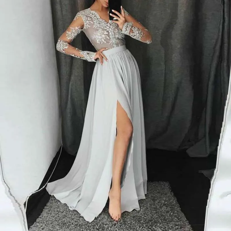 Gray Elegant Prom Dresses 2021 Long Sleeves V Neck Appliques High Split Lace Chiffon A-line Women Formal Evening Party Gowns
Gray Elegant Prom Dresses 2021 Long Sleeves V Neck Appliques High Split Lace Chiffon A-line Women Formal Evening Party Gowns