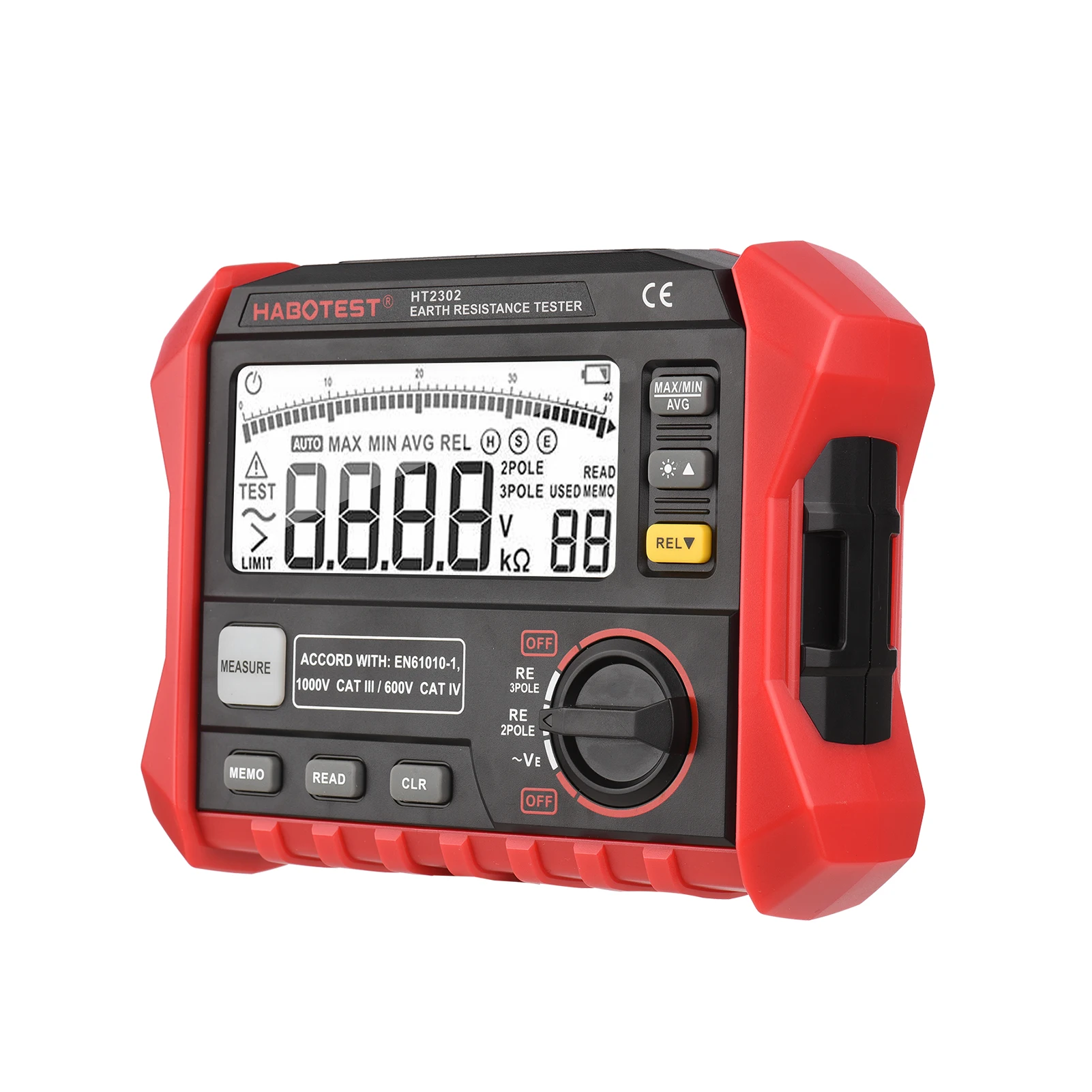 HT2302 Digital Earth Resistance Tester Meter 0 Ohm to 4K Ohm 100 Groups Data Storage LCD Display Backlight with Carrying Case
HT2302 Digital Earth Resistance Tester Meter 0 Ohm to 4K Ohm 100 Groups Data Storage LCD Display Backlight with Carrying Case