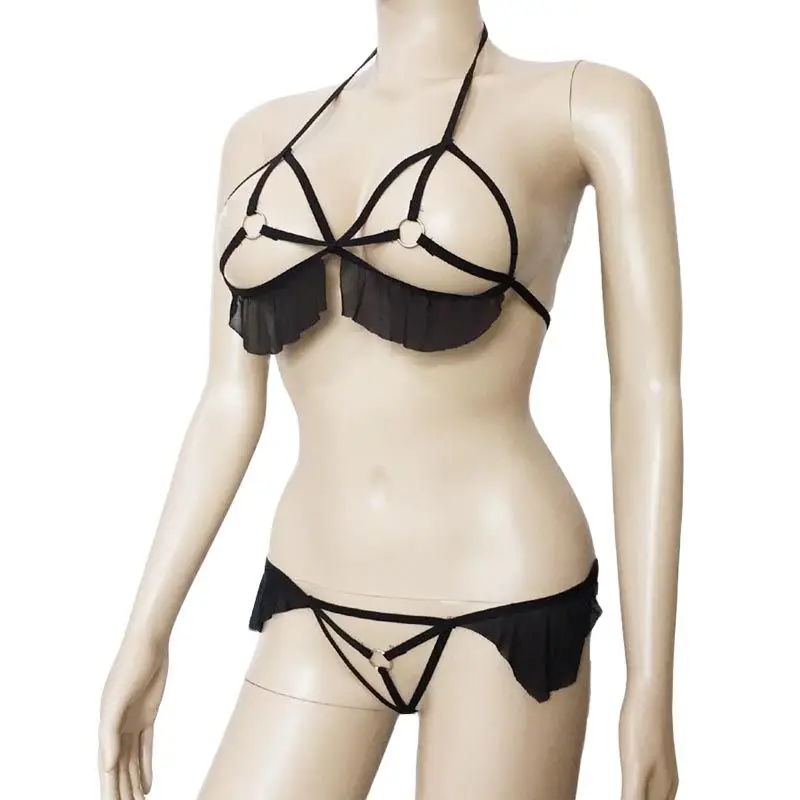 Sexy Lingerie Set Strappy Bra Top and Thong with Metal Rings and Lace Trim Open Breast Crotchless Fantasy Bikini Underwear
Sexy Lingerie Set Strappy Bra Top and Thong with Metal Rings and Lace Trim Open Breast Crotchless Fantasy Bikini Underwear