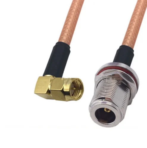 

Brown RG142 Cable SMA Male Right Angle to N Female Bulkhead Nut Connector RF Coaxial Jumper Pigtail Cable