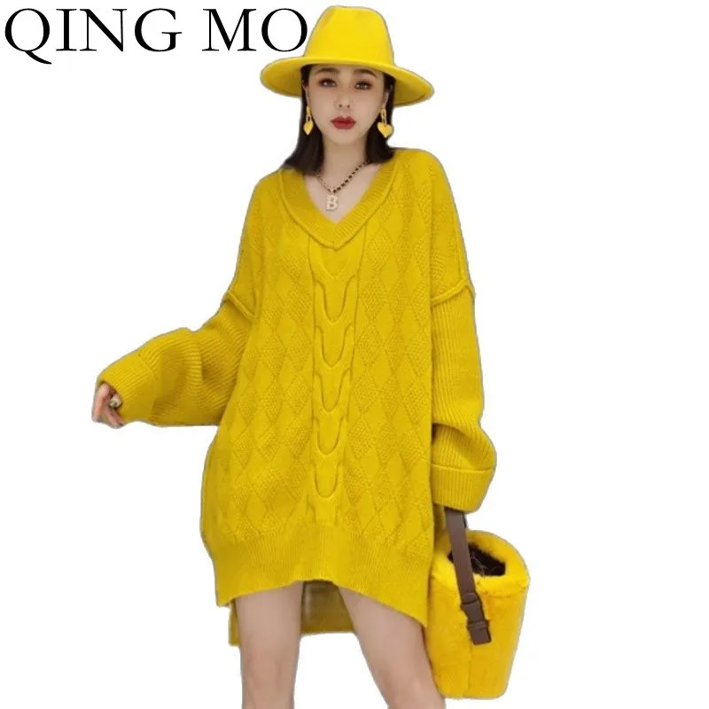 QING MO 2021 Autumn Winter New Solid Color V Neck Pullover Sweater Women Fashion Casual Loose Knit Women Sweater Yellow ZWL1594
QING MO 2021 Autumn Winter New Solid Color V Neck Pullover Sweater Women Fashion Casual Loose Knit Women Sweater Yellow ZWL1594