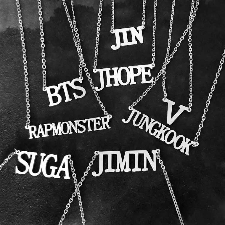 KPOP Name letter Stainless Steel Necklace Bangtan Boys Jimin J-Hope Suga Pendant Chain Choker Initial Necklace jewelry Men Women
KPOP Name letter Stainless Steel Necklace Bangtan Boys Jimin J-Hope Suga Pendant Chain Choker Initial Necklace jewelry Men Women