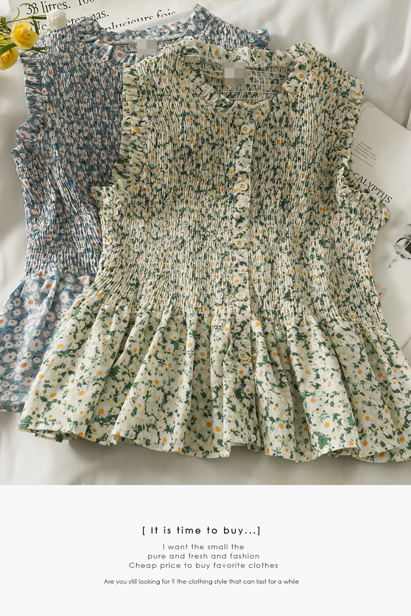 Hong Kong flavor retro floral single-breasted slim slimming sleeveless top women's new pleated wood ear small shirt summer
Hong Kong flavor retro floral single-breasted slim slimming sleeveless top women's new pleated wood ear small shirt summer