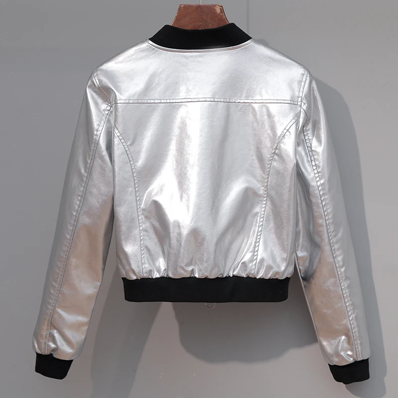Short Silver PU Jacket O-neck Zipper Faux Leather Women Baseball Crop Tops Long Sleeve Motorbike Slim Coat Outwear Spring Fall
Short Silver PU Jacket O-neck Zipper Faux Leather Women Baseball Crop Tops Long Sleeve Motorbike Slim Coat Outwear Spring Fall