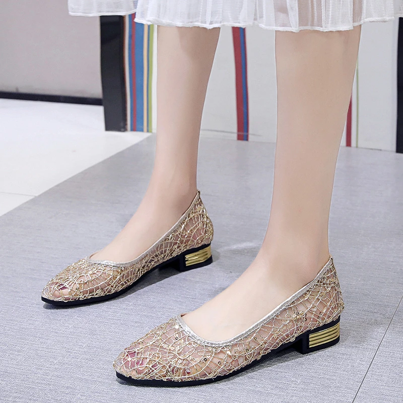 

Bling Shine Ballet Flats Women Shoes Casual Shoes Woman Hollow Pointed Toe Breathable Square Low Heel Boat Shoes Plus Size 42