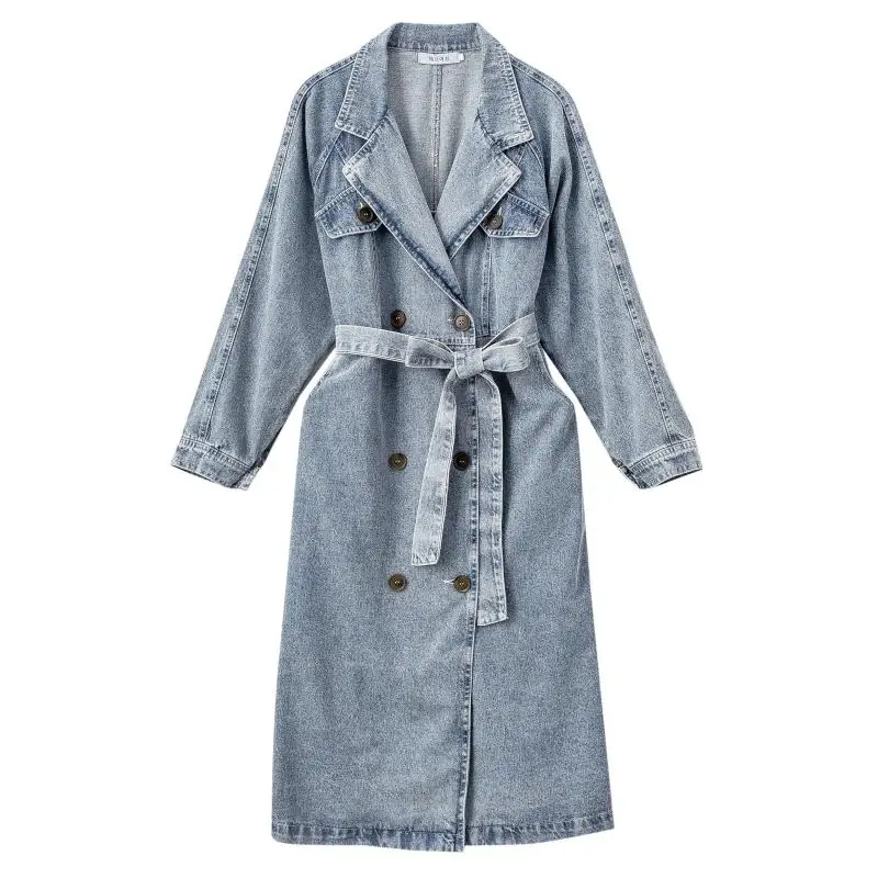 

Plus Size Long Trench Coat Ladies Spring Autumn Vintage Notched Collar Double-breasted Windbreaker Women Belted Tunic Denim Coat