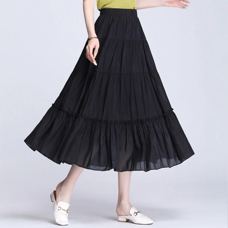 

LXAE Women Summer Elegant Elastic High Waist A-Line Maxi Long Skirt Black White Tiered Pleated Flared Hem Loose Swing Flowy