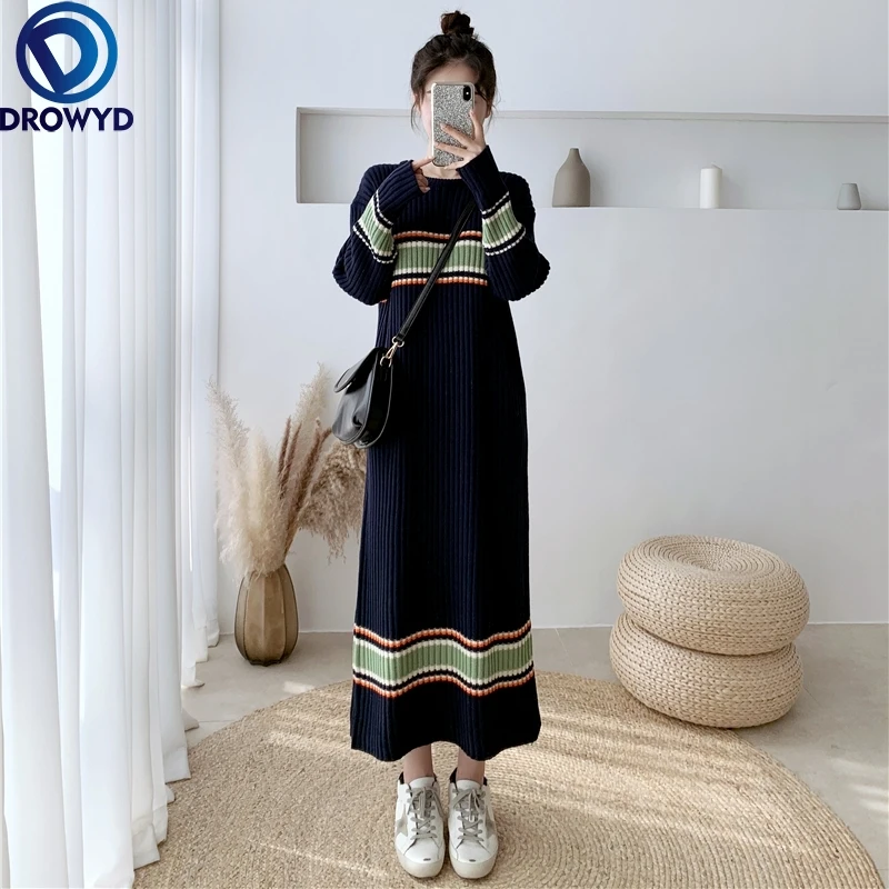 221 Autumn/winter Long Striped Contrast Color Knitted Thickened Dress Loose and Thin Sweater Dress Women Stretch Pullover Dress
221 Autumn/winter Long Striped Contrast Color Knitted Thickened Dress Loose and Thin Sweater Dress Women Stretch Pullover Dress