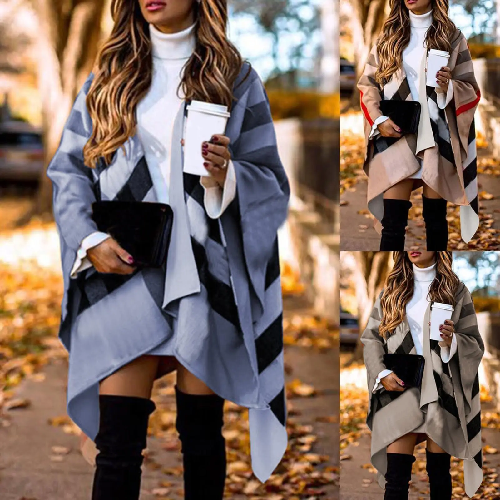 

Autumn Winter Women Fashion Batwing Sleeve Coat Plaid Stripes Poncho Scarf Shawl