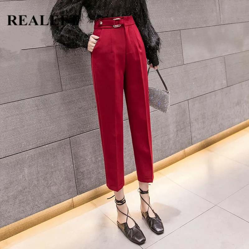 

REALEFT 2020 New Spring OL Style Women's Harm Pants Button Solid High Waist Elegant Work Trousers Female Casual pantalon femme