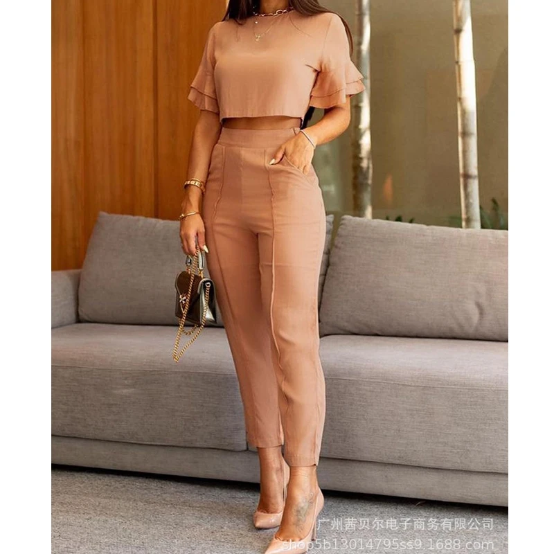 WEPBEL Women's Solid Color Slim Suit Summer Sexy High Waist Pocket Pencil Pants + Ruffle Sleeve O-Neck Short T-shirt Suit
WEPBEL Women's Solid Color Slim Suit Summer Sexy High Waist Pocket Pencil Pants + Ruffle Sleeve O-Neck Short T-shirt Suit