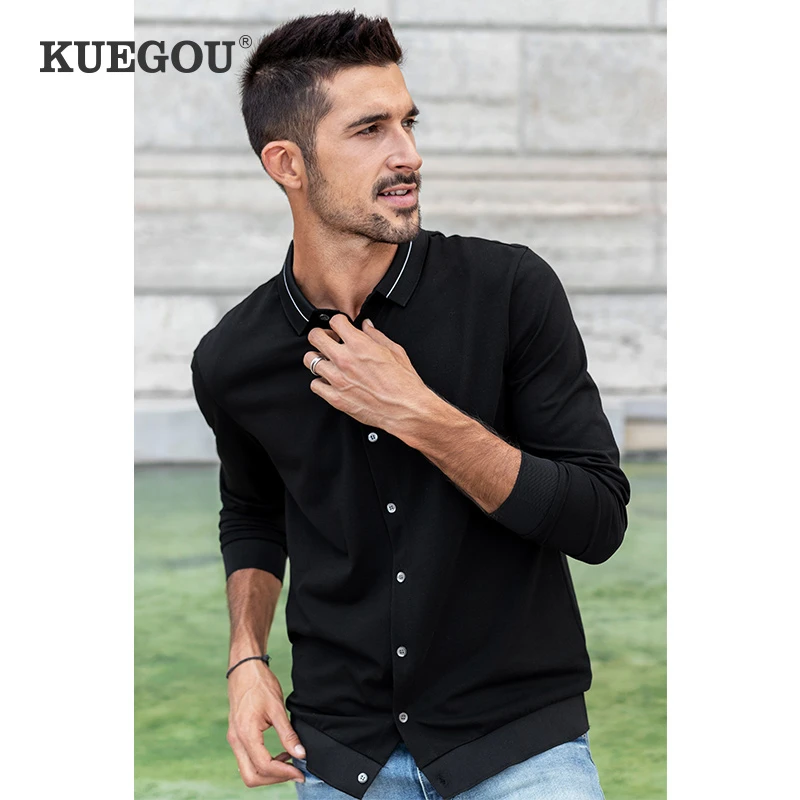 KUEGOU 2022 весенний хлопковый кардиган, черная рубашка поло, мужская мода, длинный рукав, тонкая рубашка, мужской размера плюс, одежда 88068 
KUEGOU 2022 весенний хлопковый кардиган, черная рубашка поло, мужская мода, длинный рукав, тонкая рубашка, мужской размера плюс, одежда 88068