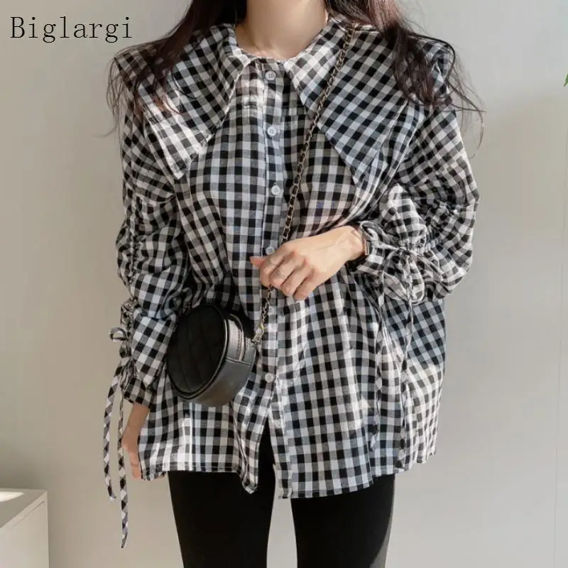 Korean Casual Plaid Shirt Women Cute Doll Collar Blouse Ladies Long Sleeve Drawstring Shirts Woman Spring Autumn Blouses Tops
Korean Casual Plaid Shirt Women Cute Doll Collar Blouse Ladies Long Sleeve Drawstring Shirts Woman Spring Autumn Blouses Tops