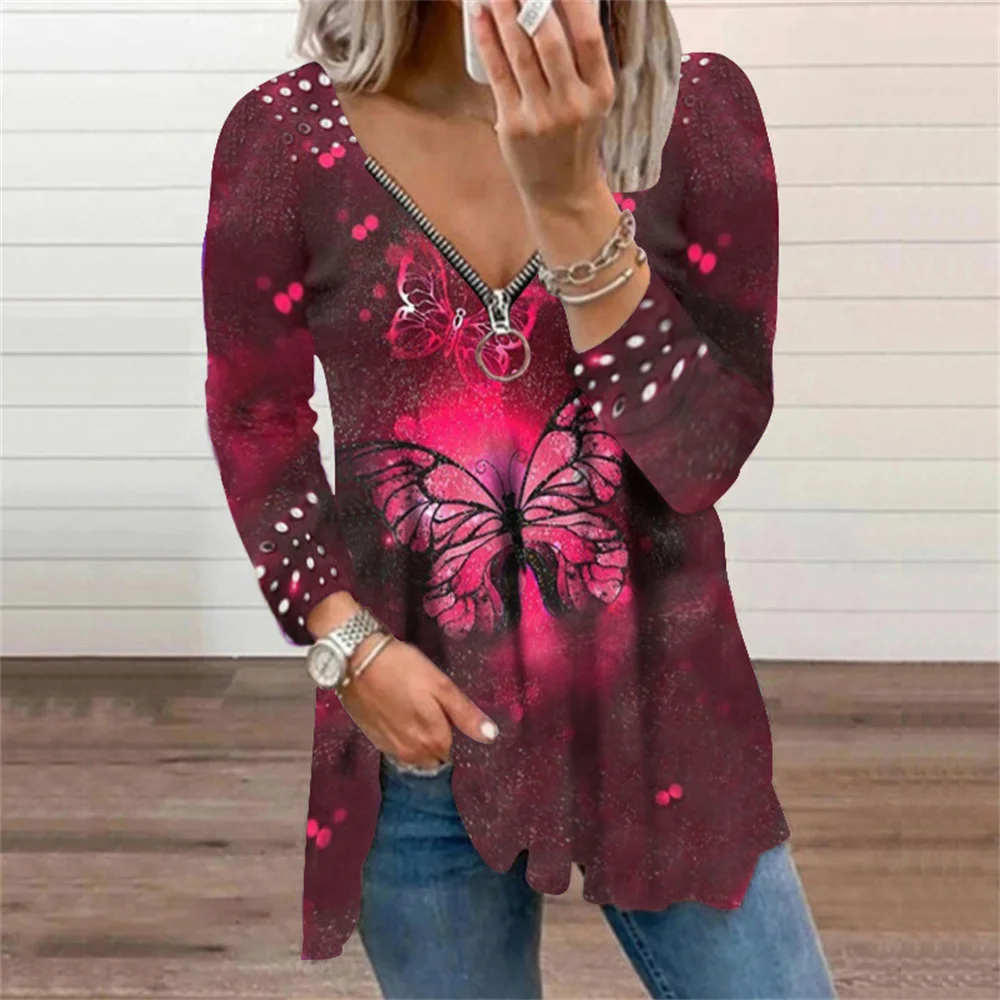 Autumn Winter Women 2021 New V-Neck Zipper Pullover Butterfly Print Ladies T-Shirt Fashion Casual Loose Plus Size Street Clothes
Autumn Winter Women 2021 New V-Neck Zipper Pullover Butterfly Print Ladies T-Shirt Fashion Casual Loose Plus Size Street Clothes