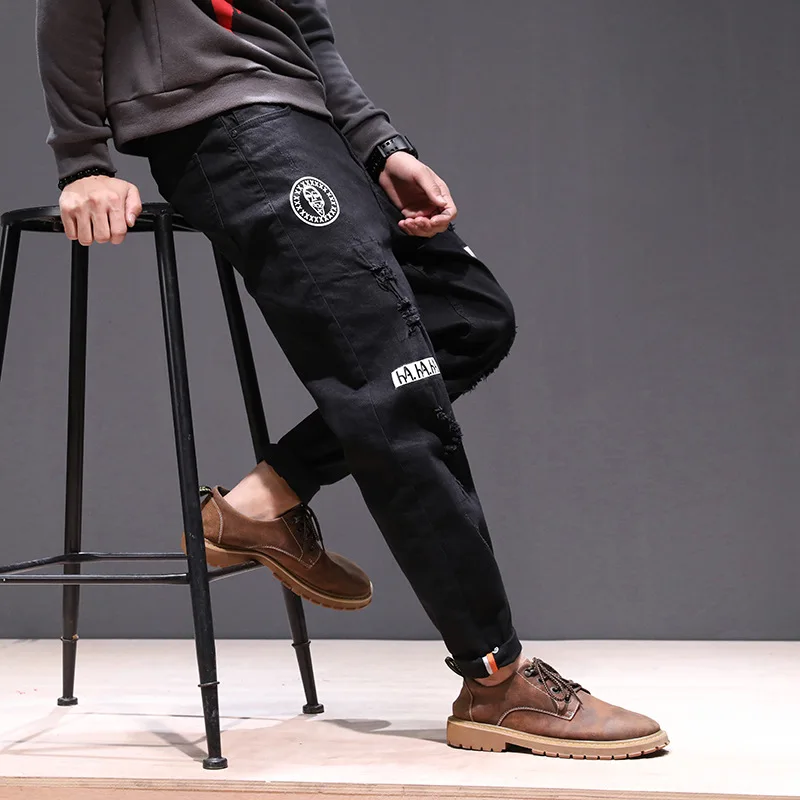 

Japanese Loose Printed Teen Fashion Leisure Jeans Hole Harlan Feet Pants men's Big Yards Pants