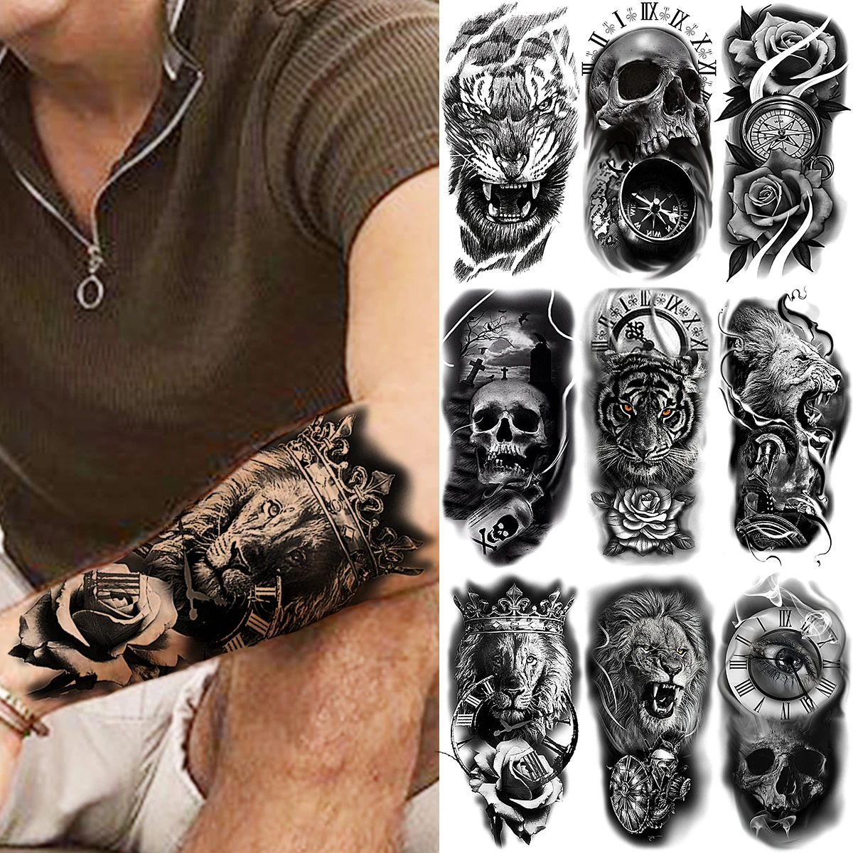 Black Lion Crown Temporary Tattoos For Men Women Compass Rose Flower Samurai Tiger Skull Fake Tattoo Sticker Forearm Body Tatoos
Black Lion Crown Temporary Tattoos For Men Women Compass Rose Flower Samurai Tiger Skull Fake Tattoo Sticker Forearm Body Tatoos