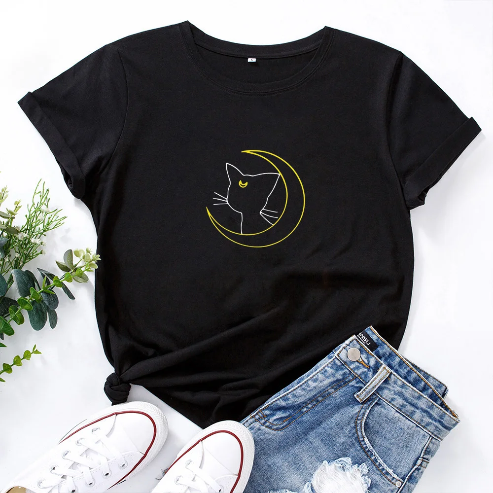 Moon Cat Shirt Funny T Shirt Women O-neck Short Sleeve T-shirt Women Black Loose Casual Tee Shirt Femme Tshirts Cotton Women
Moon Cat Shirt Funny T Shirt Women O-neck Short Sleeve T-shirt Women Black Loose Casual Tee Shirt Femme Tshirts Cotton Women