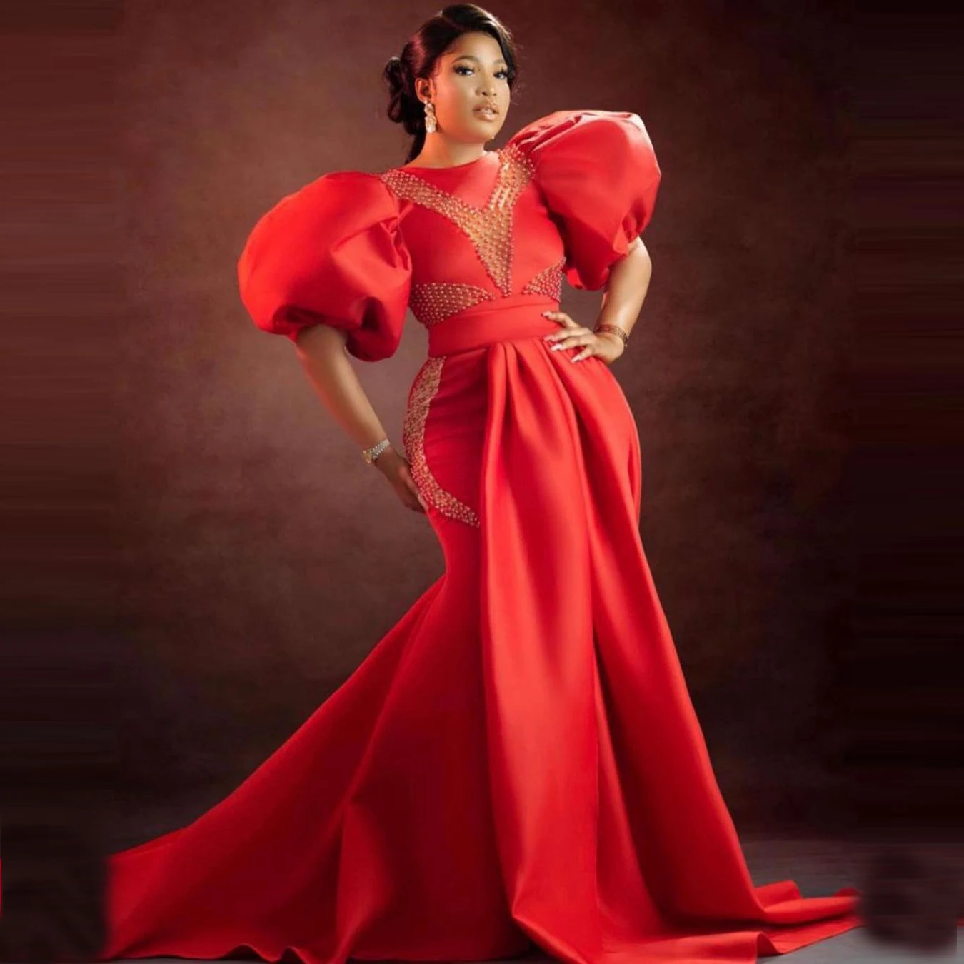 Plus Size Red Aso Ebi Prom Dresses Mermaid Shape Puffy Sleeves With Train Women Evening Gowns Custom Made Sheer Beaded
Plus Size Red Aso Ebi Prom Dresses Mermaid Shape Puffy Sleeves With Train Women Evening Gowns Custom Made Sheer Beaded