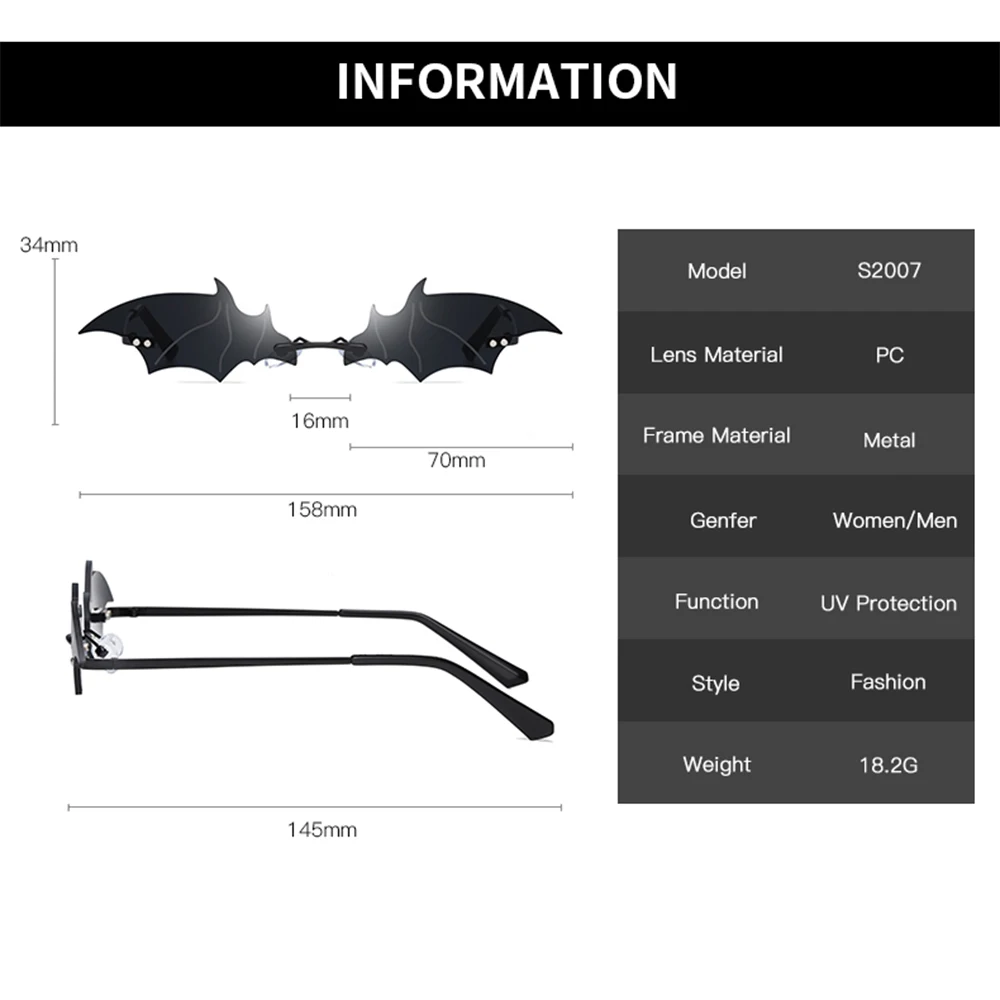 Модные солнцезащитные очки без оправы в стиле ретро форме летучей мыши с