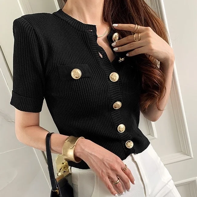 Summer 2021 Korean Chic Casual Trend O Neck Solid Single Breasted Blouses Fashion Sexy Slim Green Short Sleeve Knitted Top
Summer 2021 Korean Chic Casual Trend O Neck Solid Single Breasted Blouses Fashion Sexy Slim Green Short Sleeve Knitted Top