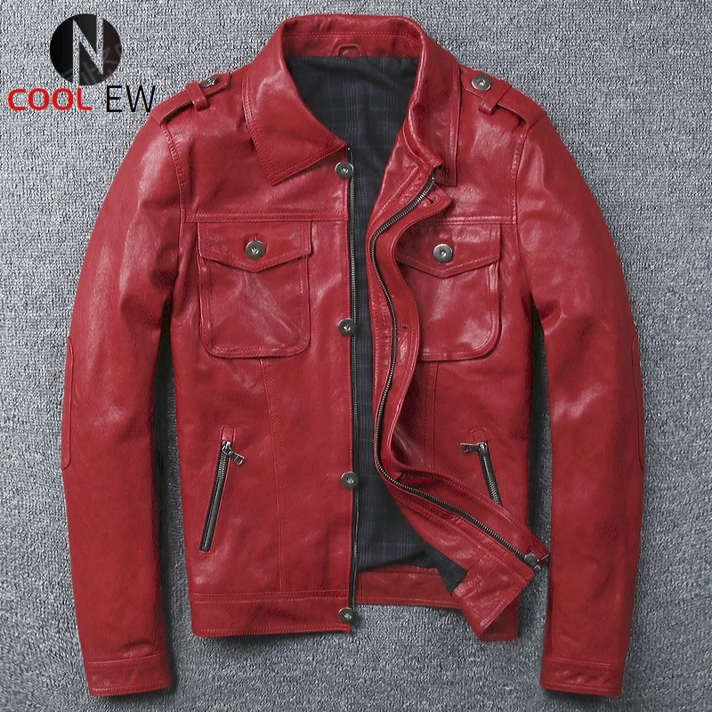 Luxury Mens Spring Autumn 100% Natural Sheepskin Moto Biker Windproof Coat Male Punk Genuine Leather Jacket Red Slim Rock Coats 
Luxury Mens Spring Autumn 100% Natural Sheepskin Moto Biker Windproof Coat Male Punk Genuine Leather Jacket Red Slim Rock Coats