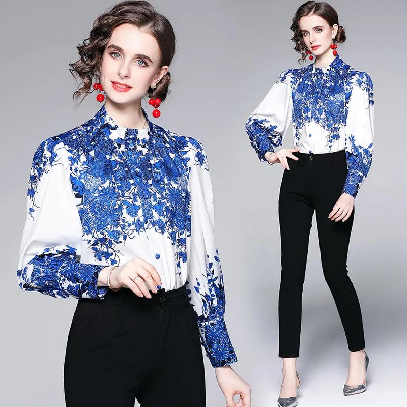 2021 Spring Women's Vintage Fashion Blue Printing Plus Size Blouses European Lantern Long Sleeve Single-Breasted Slim Shirt Tops
2021 Spring Women's Vintage Fashion Blue Printing Plus Size Blouses European Lantern Long Sleeve Single-Breasted Slim Shirt Tops