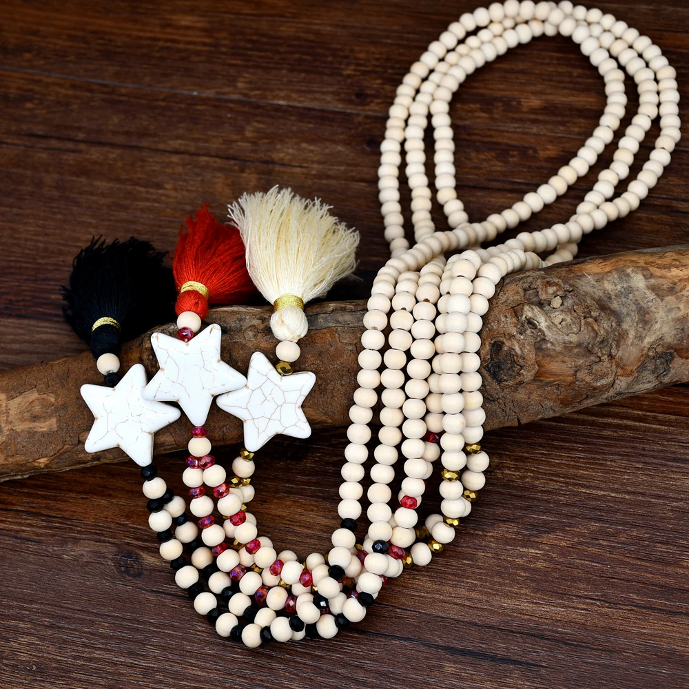 Yumfeel New Bohemian Star Necklace Jewelry Handmade Crystal Beads Tassel Wood Women Red Black White Colors |