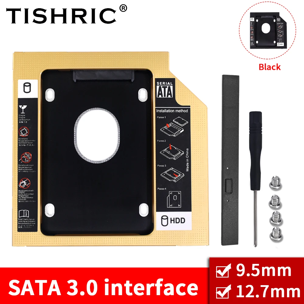 

TISHRIC Aluminum Optibay 2nd HDD Caddy 9.5 12.7mm SATA 3.0 Hard Disk Drive Box Enclosure 2.5 SSD 2TB For Laptop CD-ROM