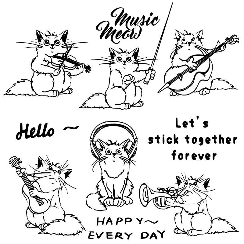 Резные штампы AZSG с котом играющим музыку прозрачные для рукоделия скрапбукинг