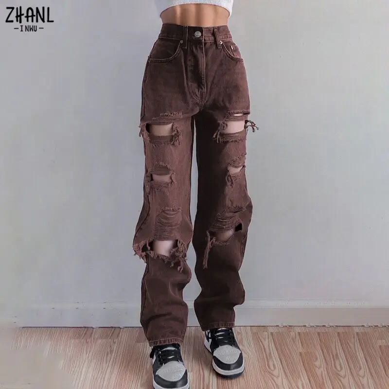 

Коричневые рваные винтажные женские состаренные джинсы, уличная одежда в стиле хип-хоп, брюки с высокой талией, модные прямые джинсовые брю...