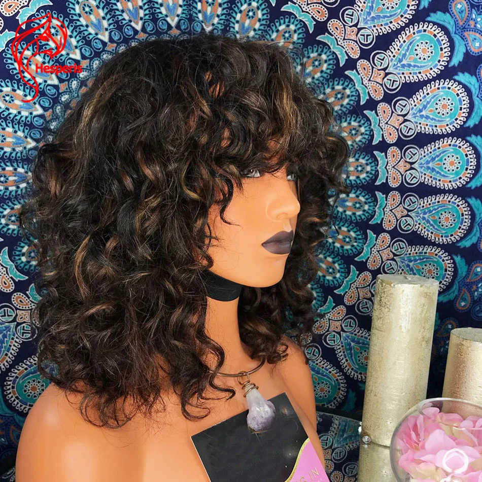 

Hesperis Highlight Curly Human Hair Wigs With Bang Remy Brazilian Full Machine Made Scalp Top Highlight Short Curly Bob Wigs