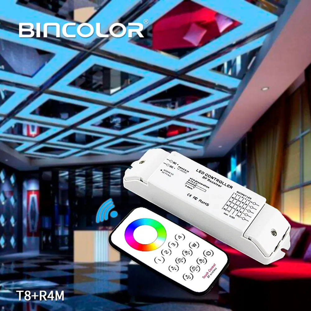 Bincolor T8 + R4M DC12V-24V Multi Zone Control RGBW Max 5x4A RF Wireless Remote+ Receiver Controller For LED Strip Light 
Bincolor T8 + R4M DC12V-24V Multi Zone Control RGBW Max 5x4A RF Wireless Remote+ Receiver Controller For LED Strip Light
