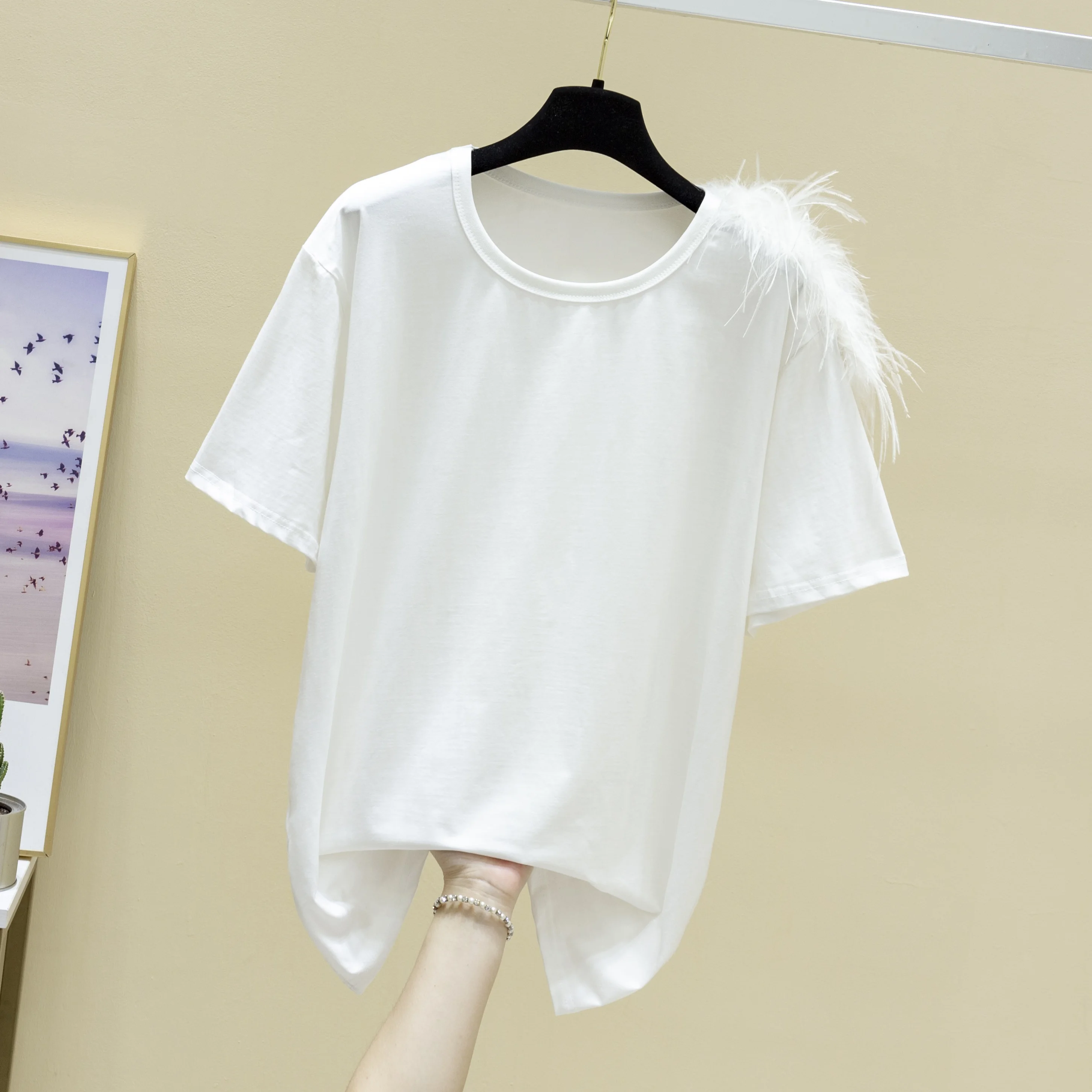 Feather Shoulder T Shirt for Women Pure Cotton Short Sleeve T-shirt Girls Ladies Summer Korean-Style Loose Tops Ropa Mujer
Feather Shoulder T Shirt for Women Pure Cotton Short Sleeve T-shirt Girls Ladies Summer Korean-Style Loose Tops Ropa Mujer