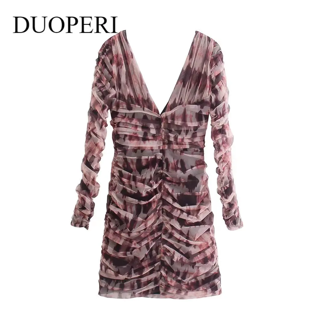 DUOPERI Fashion Printed Pleated Mesh Dress Women Sexy V-neck Long Sleeves Lined Fitted Vintage Short Mini Dresses Female
DUOPERI Fashion Printed Pleated Mesh Dress Women Sexy V-neck Long Sleeves Lined Fitted Vintage Short Mini Dresses Female