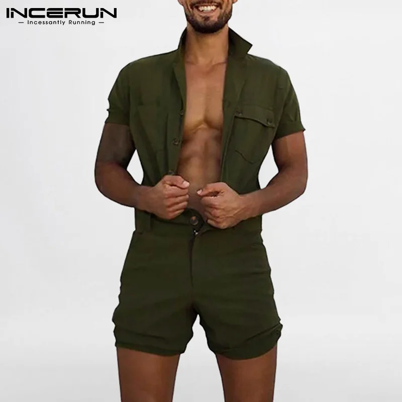2022 Men Rompers Joggers Solid Color Lapel Streetwear Short Sleeve Cargo Overalls Button Summer Pockets Casual Jumpsuits INCERUN
2022 Men Rompers Joggers Solid Color Lapel Streetwear Short Sleeve Cargo Overalls Button Summer Pockets Casual Jumpsuits INCERUN