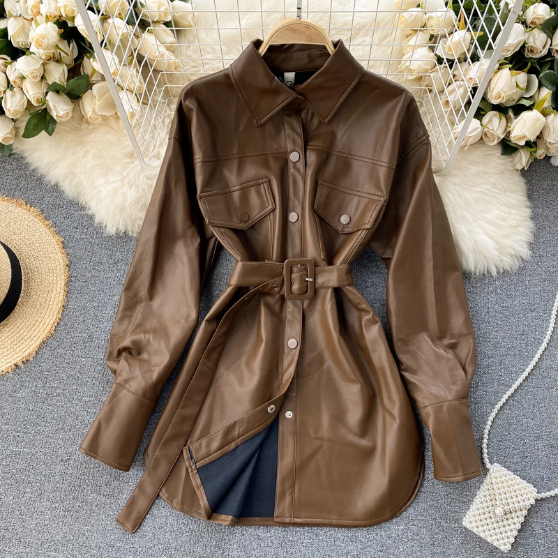 Autumn PU Leather Thick Shirt Coat for Women Winter Single-breasted Belted Pockets Beige PU Leather Long Trench Coat Coffee
Autumn PU Leather Thick Shirt Coat for Women Winter Single-breasted Belted Pockets Beige PU Leather Long Trench Coat Coffee